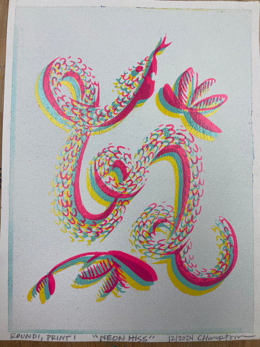 "Neon Hiss" Mixed Media Print (colors are neon pink, cyan, and yellow, the scanner couldn't handle me), 9"x12"