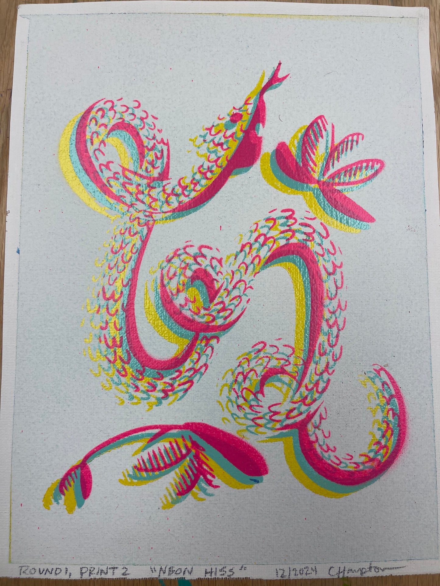 "Neon Hiss" Mixed Media Print (colors are neon pink, cyan, and yellow, the scanner couldn't handle me), 9"x12"