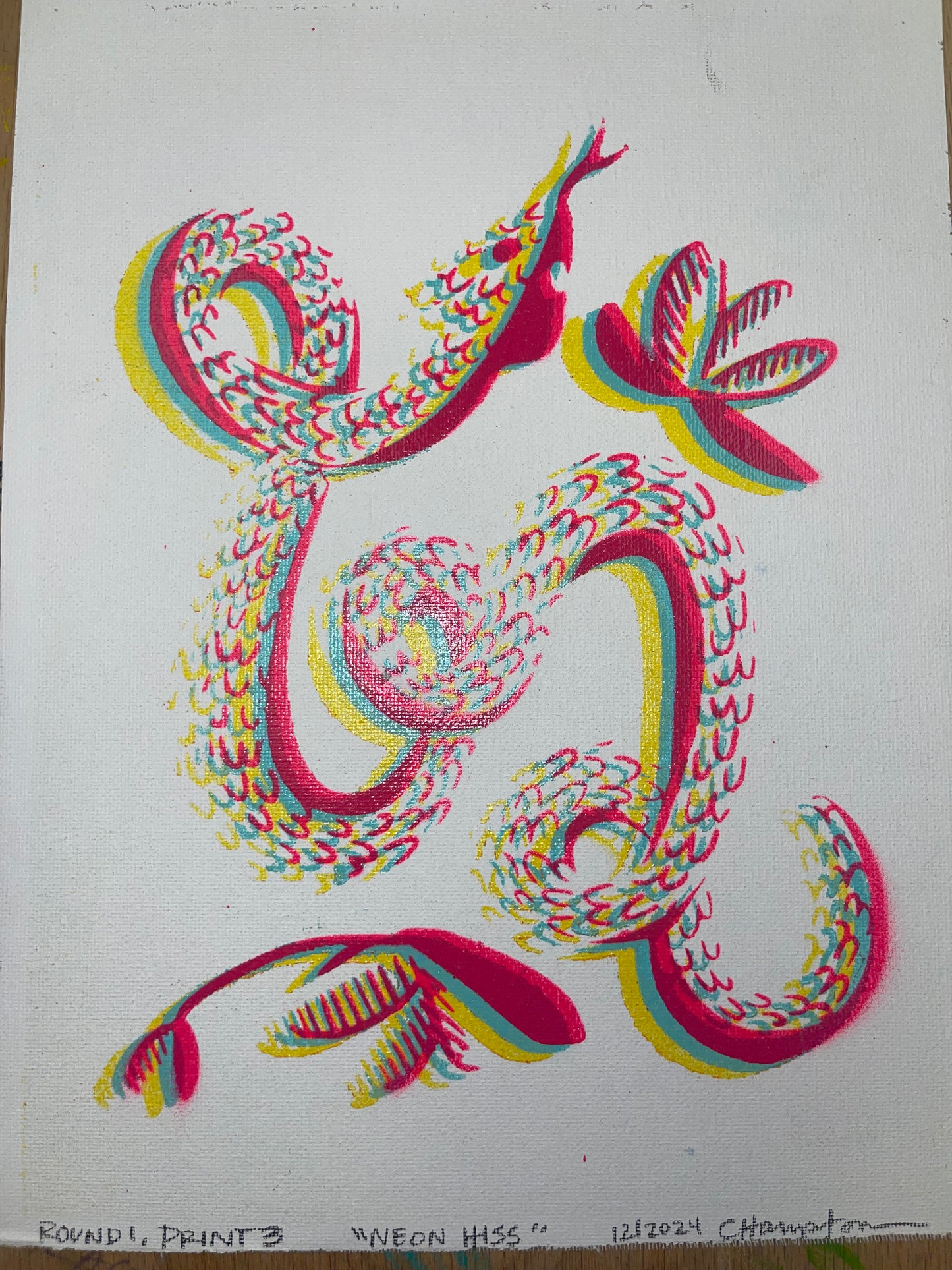 "Neon Hiss" Mixed Media Print (colors are neon pink, cyan, and yellow, the scanner couldn't handle me), 9"x12"