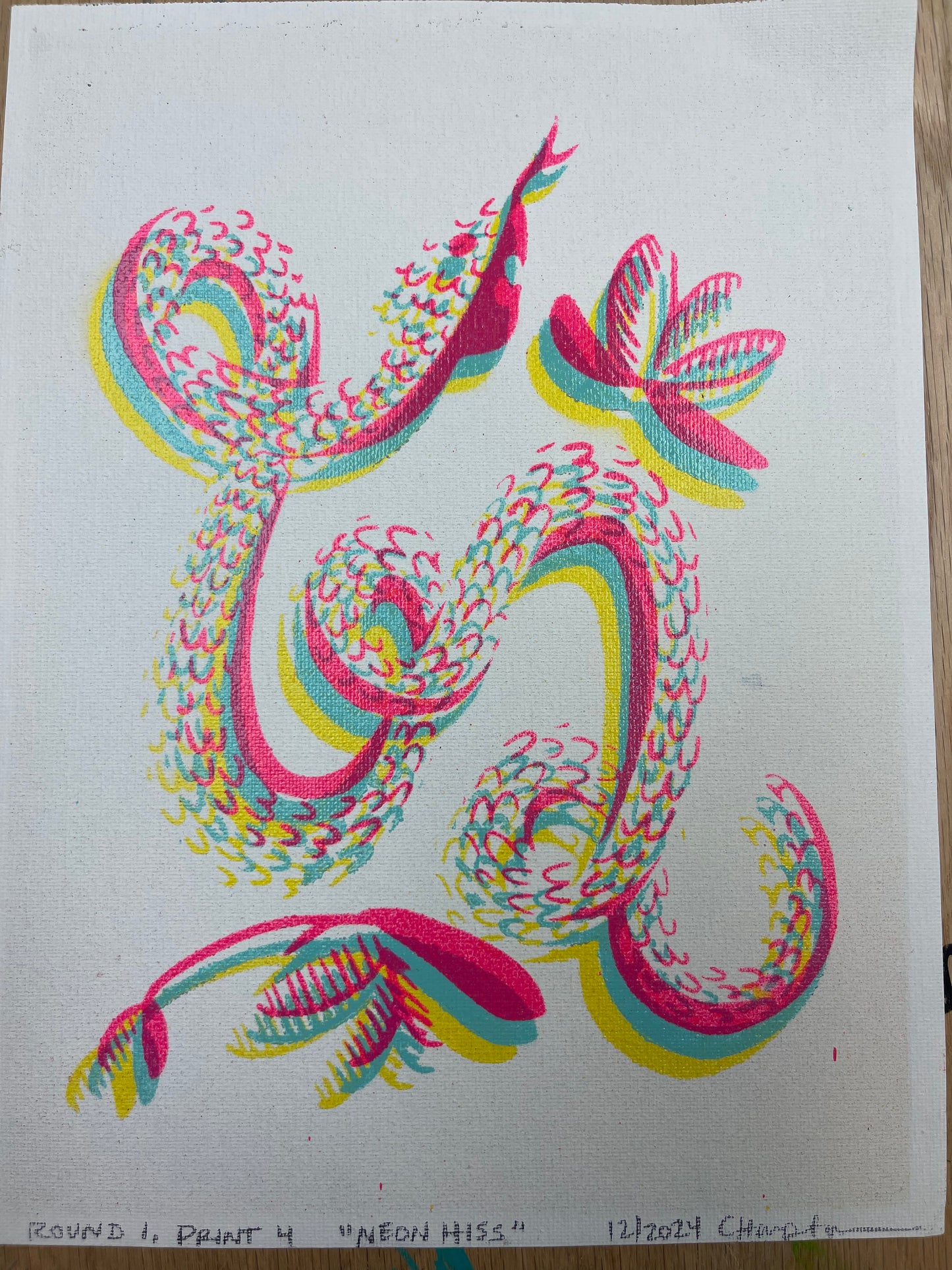 "Neon Hiss" Mixed Media Print (colors are neon pink, cyan, and yellow, the scanner couldn't handle me), 9"x12"