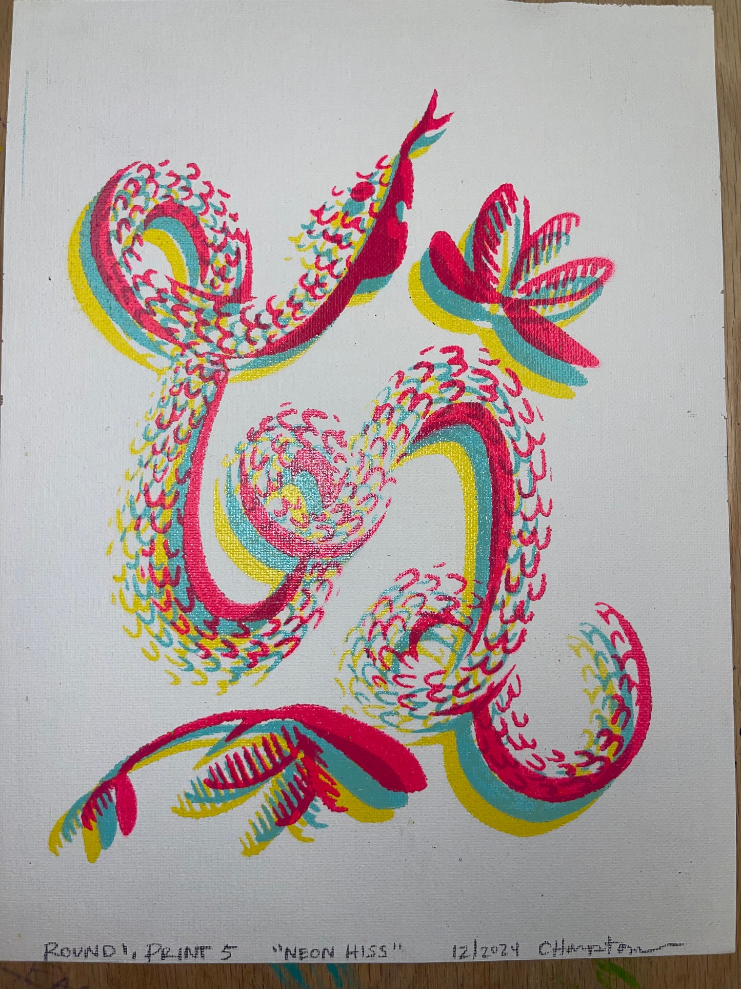 "Neon Hiss" Mixed Media Print (colors are neon pink, cyan, and yellow, the scanner couldn't handle me), 9"x12"