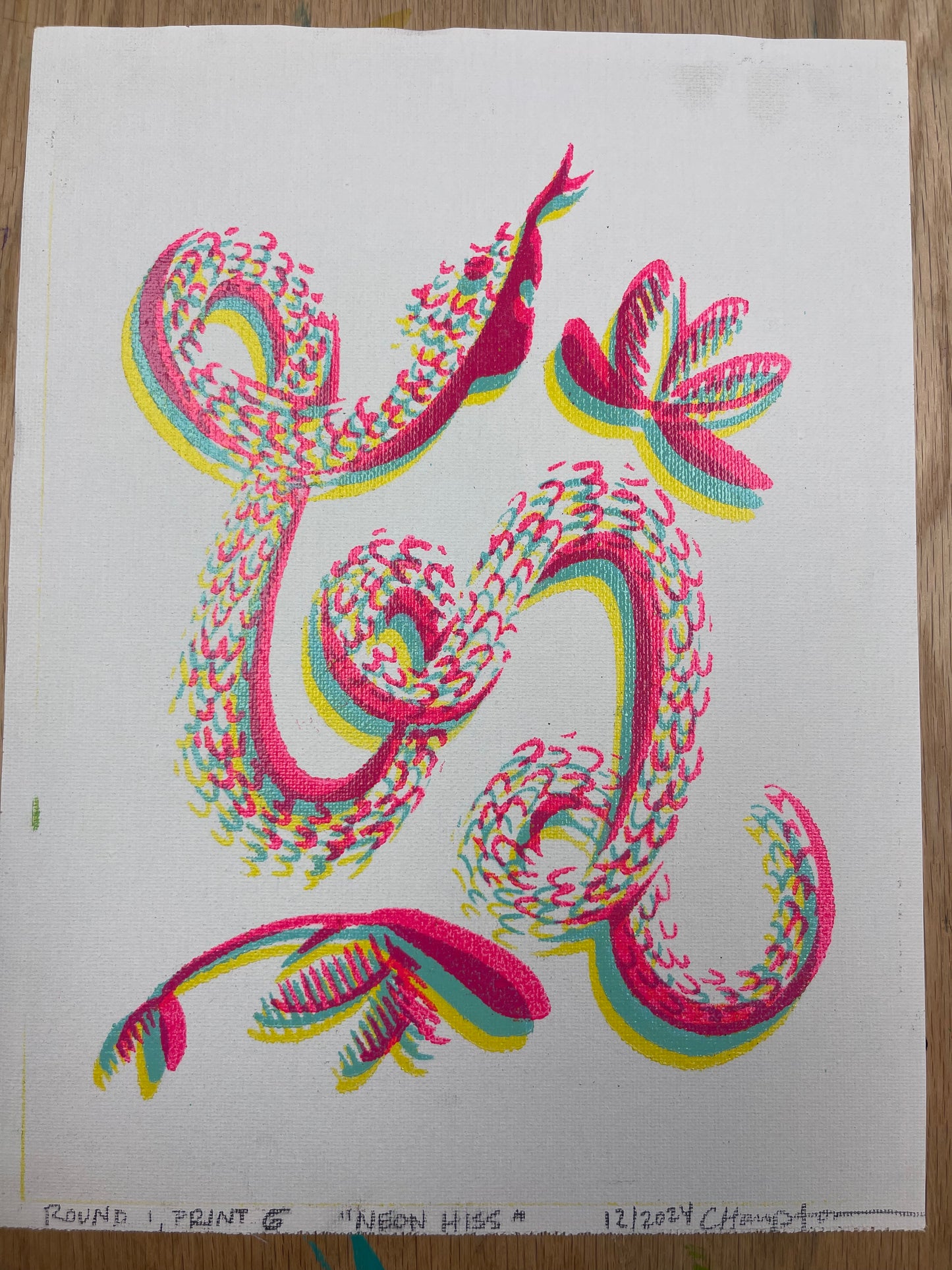 "Neon Hiss" Mixed Media Print (colors are neon pink, cyan, and yellow, the scanner couldn't handle me), 9"x12"