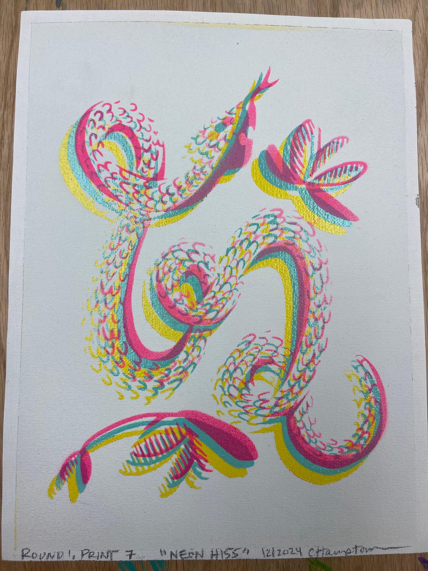 "Neon Hiss" Mixed Media Print (colors are neon pink, cyan, and yellow, the scanner couldn't handle me), 9"x12"