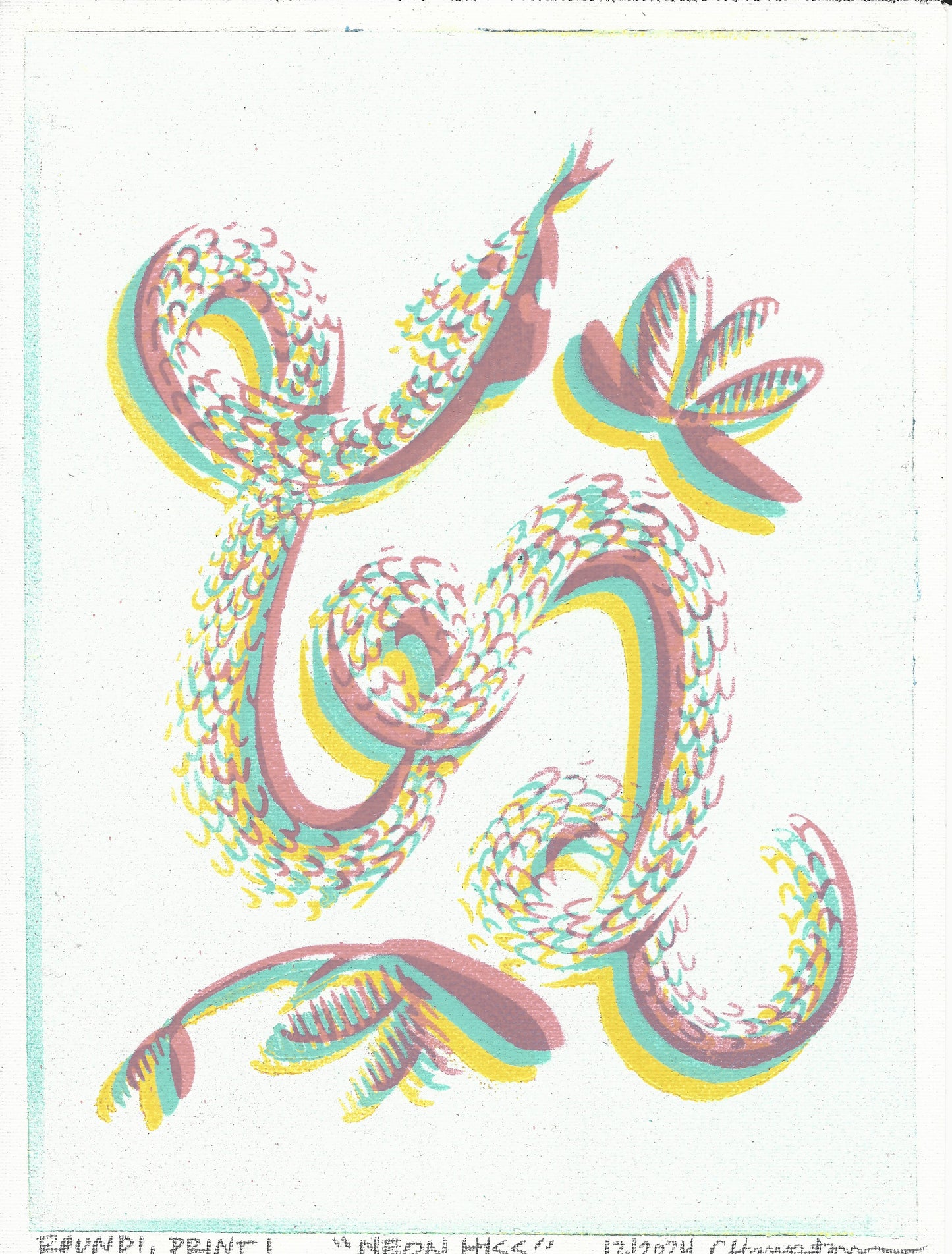 "Neon Hiss" Mixed Media Print (colors are neon pink, cyan, and yellow, the scanner couldn't handle me), 9"x12"