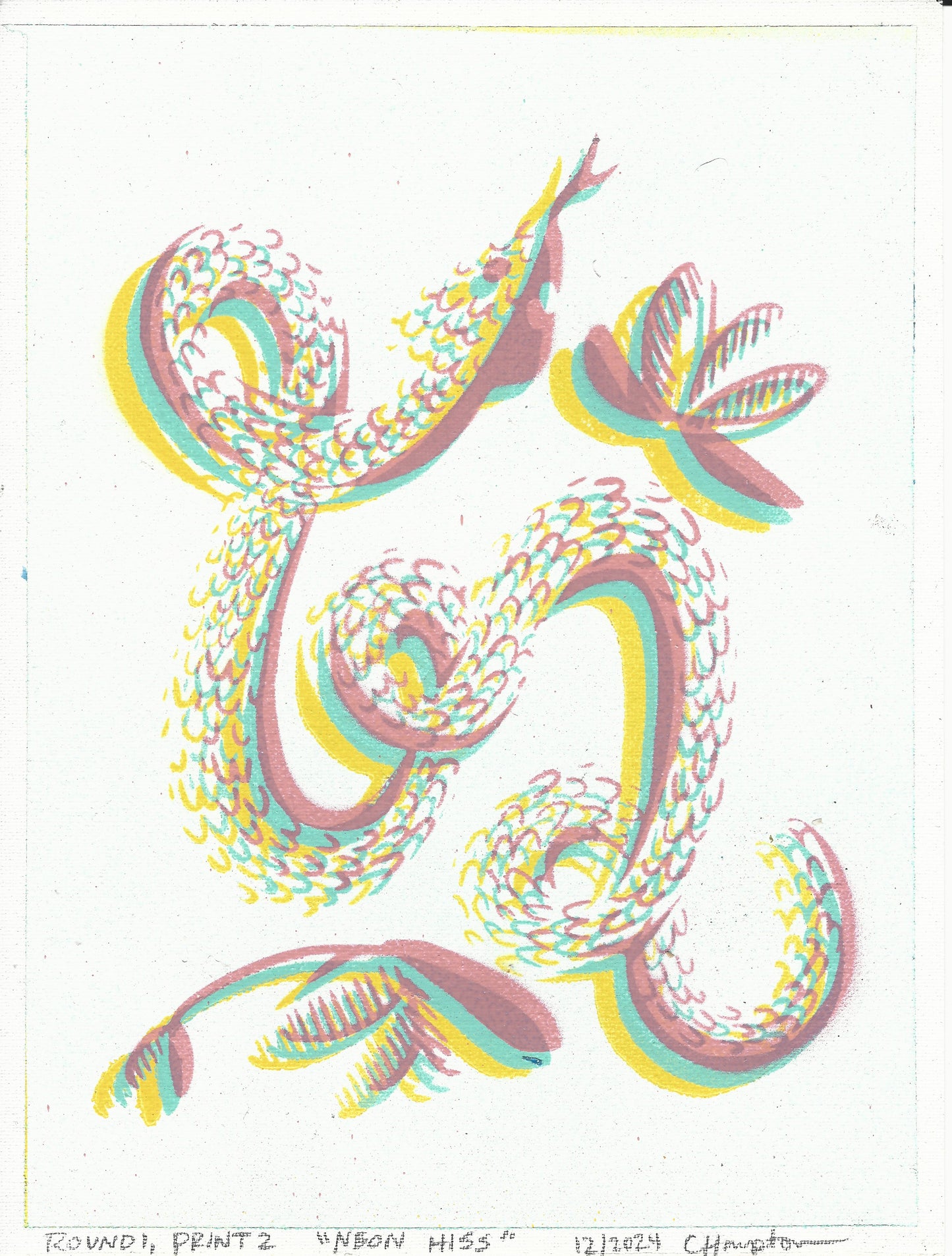 "Neon Hiss" Mixed Media Print (colors are neon pink, cyan, and yellow, the scanner couldn't handle me), 9"x12"