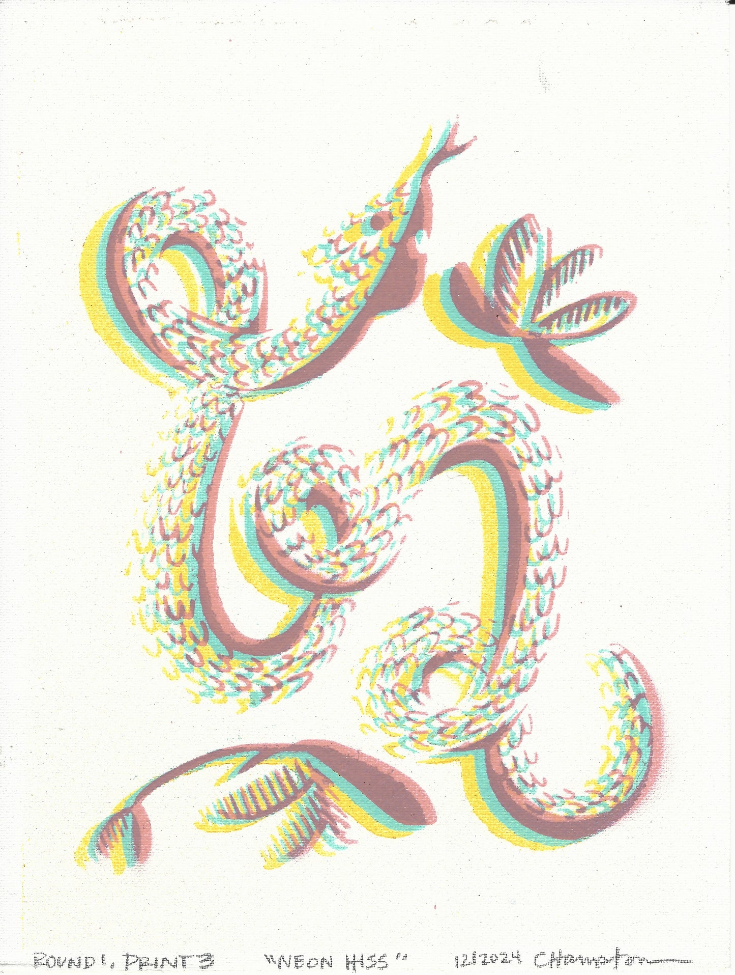 "Neon Hiss" Mixed Media Print (colors are neon pink, cyan, and yellow, the scanner couldn't handle me), 9"x12"