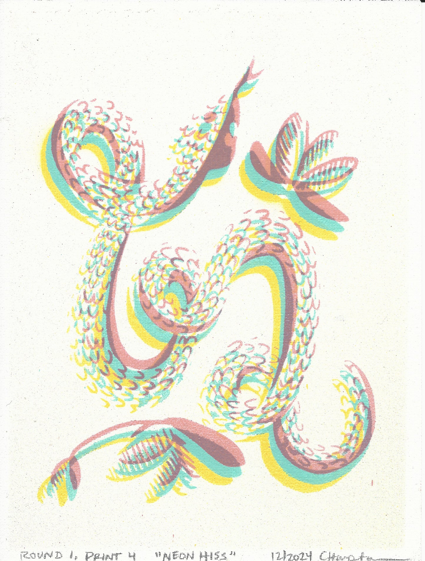 "Neon Hiss" Mixed Media Print (colors are neon pink, cyan, and yellow, the scanner couldn't handle me), 9"x12"