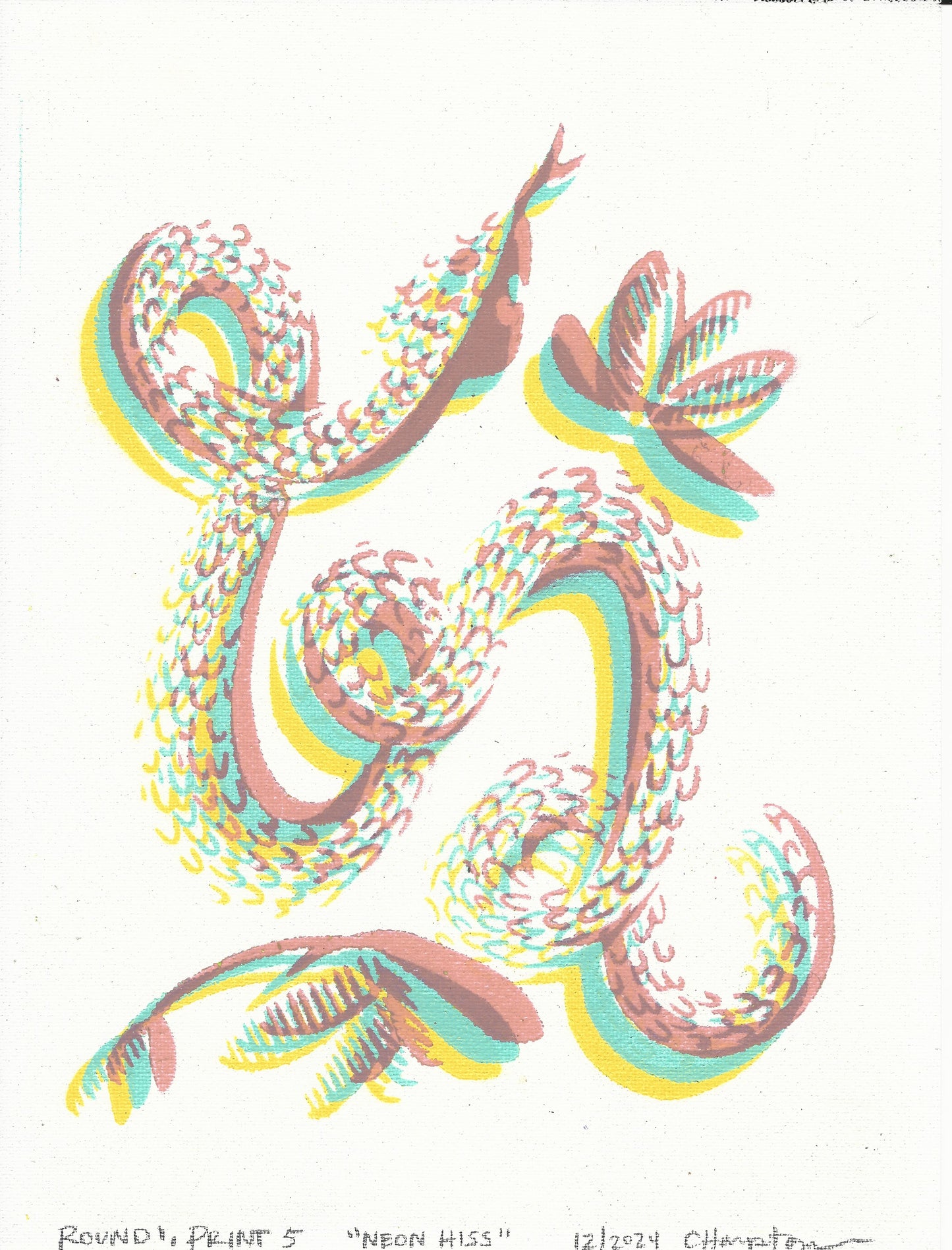 "Neon Hiss" Mixed Media Print (colors are neon pink, cyan, and yellow, the scanner couldn't handle me), 9"x12"