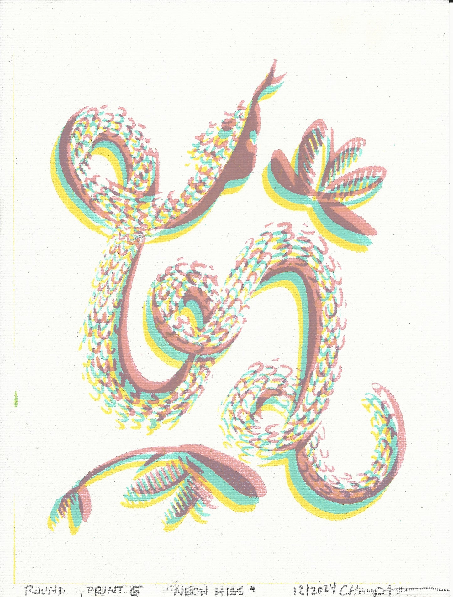 "Neon Hiss" Mixed Media Print (colors are neon pink, cyan, and yellow, the scanner couldn't handle me), 9"x12"