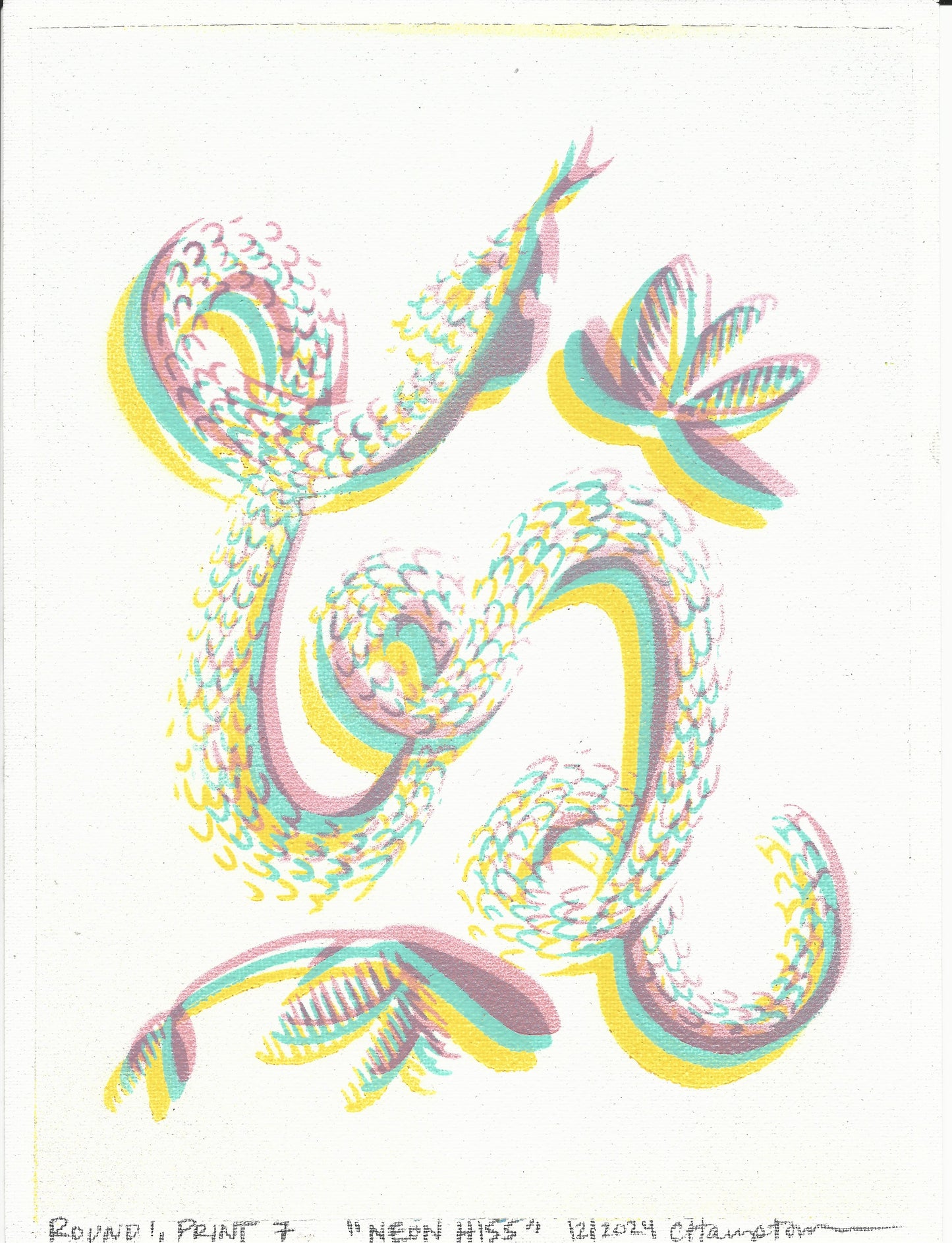 "Neon Hiss" Mixed Media Print (colors are neon pink, cyan, and yellow, the scanner couldn't handle me), 9"x12"